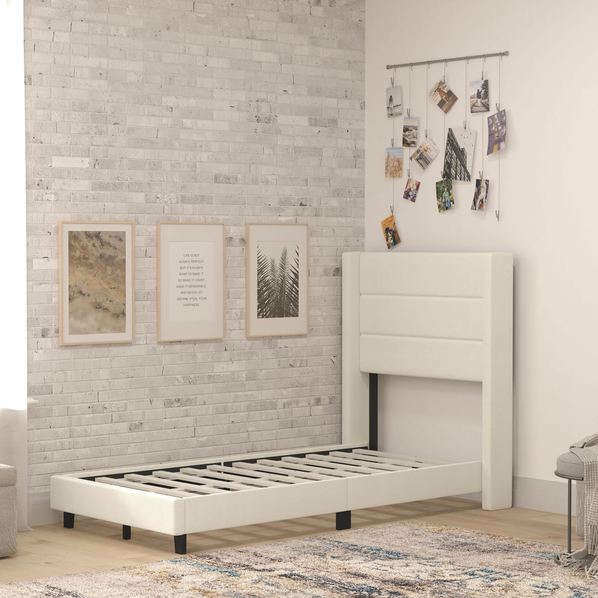 Beige,Twin |#| Twin Size Upholstered Platform Bed with Wingback Headboard-Beige Faux Linen