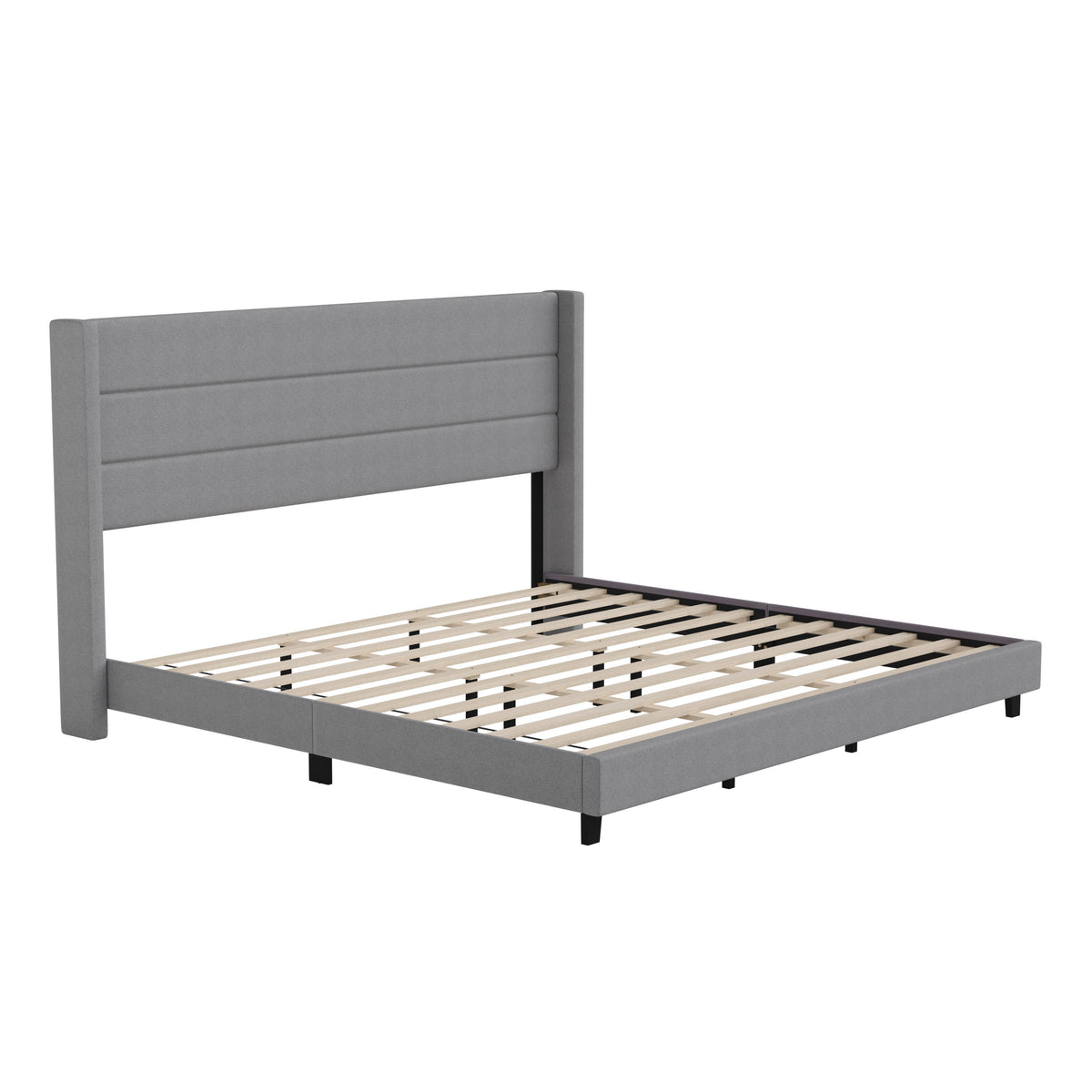 Gray,King |#| King Size Upholstered Platform Bed with Wingback Headboard-Gray Faux Linen