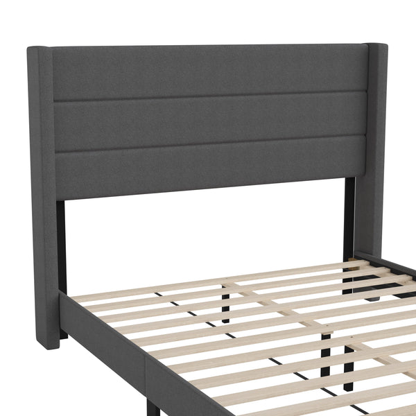 Charcoal,Queen |#| Queen Size Upholstered Platform Bed with Wingback Headboard-Charcoal Faux Linen