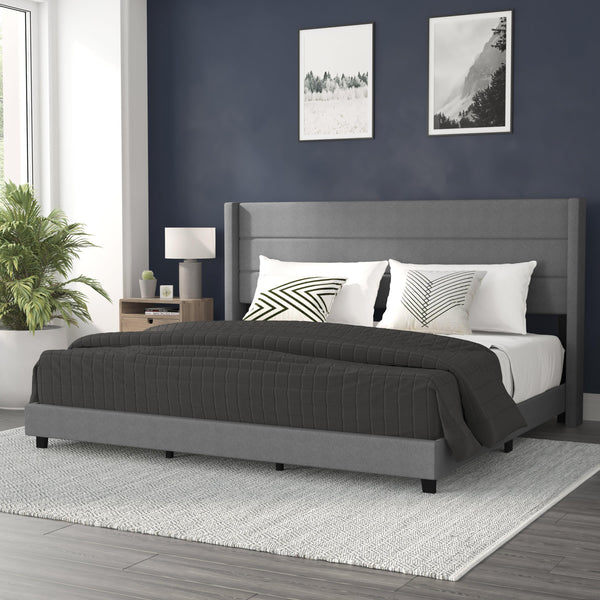 Gray,King |#| King Size Upholstered Platform Bed with Wingback Headboard-Gray Faux Linen