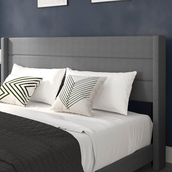 Gray,King |#| King Size Upholstered Platform Bed with Wingback Headboard-Gray Faux Linen