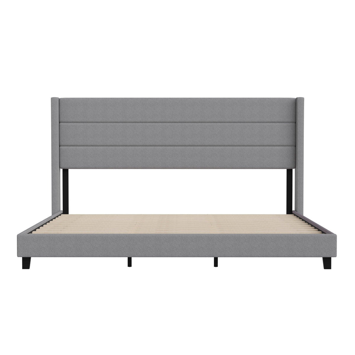 Gray,King |#| King Size Upholstered Platform Bed with Wingback Headboard-Gray Faux Linen