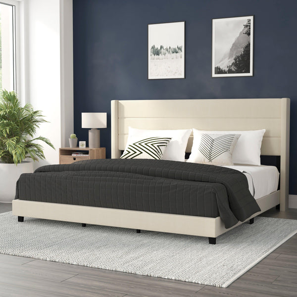 Beige,King |#| King Size Upholstered Platform Bed with Wingback Headboard-Beige Faux Linen