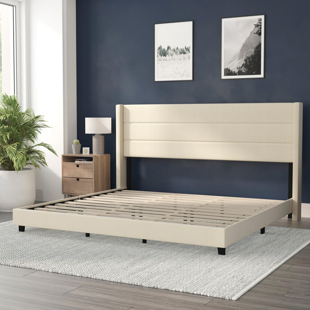 Beige,King |#| King Size Upholstered Platform Bed with Wingback Headboard-Beige Faux Linen