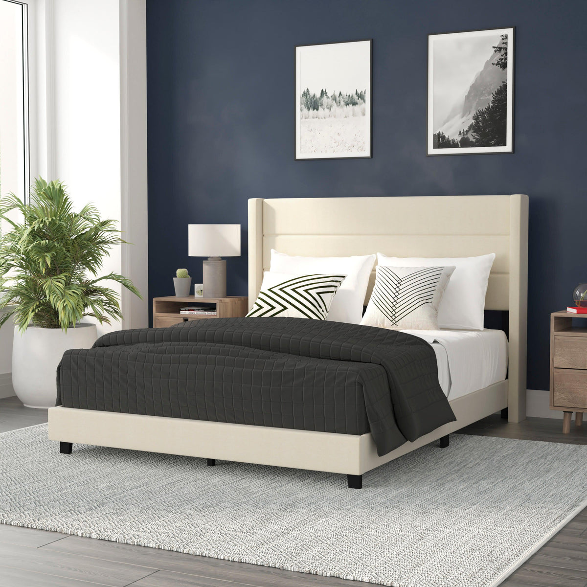 Beige,Queen |#| Queen Size Upholstered Platform Bed with Wingback Headboard-Beige Faux Linen