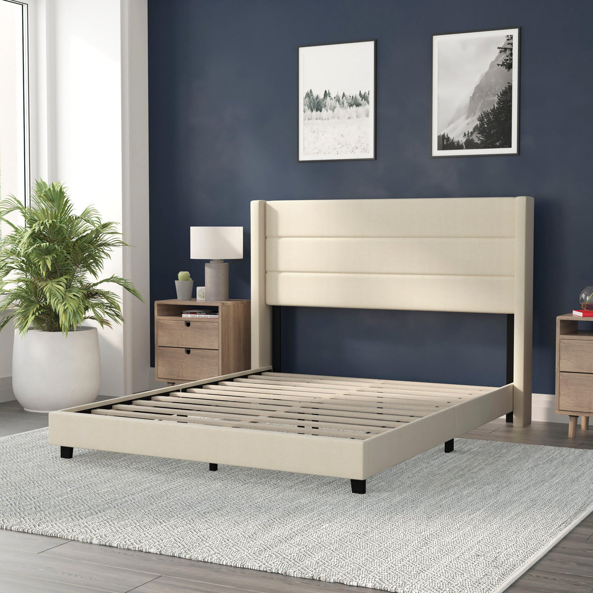 Beige,Queen |#| Queen Size Upholstered Platform Bed with Wingback Headboard-Beige Faux Linen