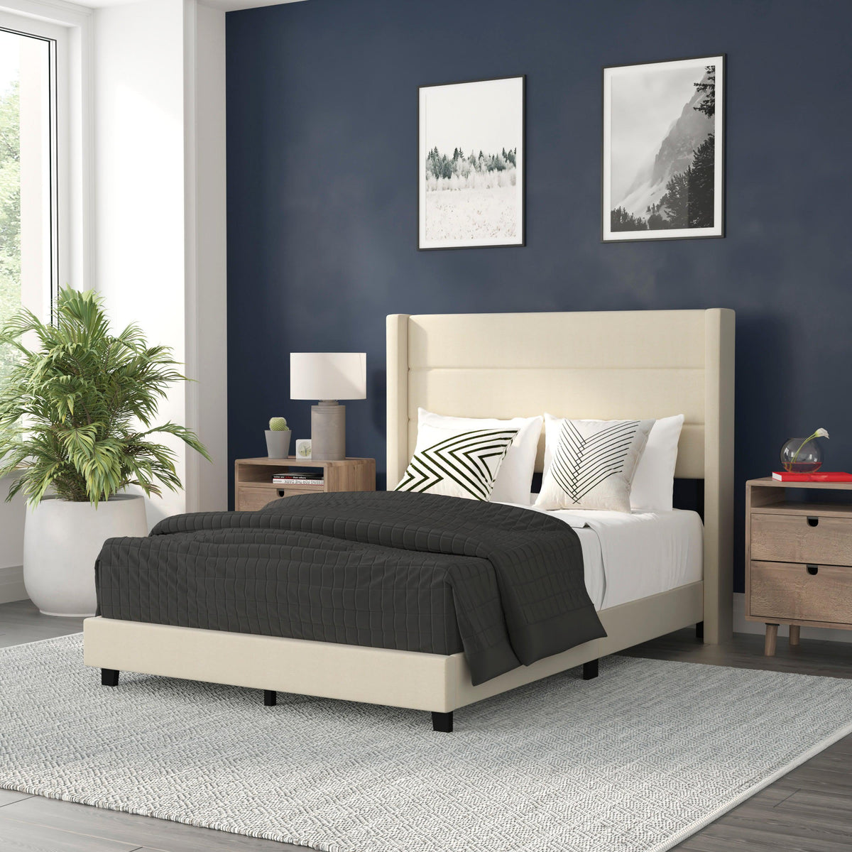 Beige,Full |#| Full Size Upholstered Platform Bed with Wingback Headboard-Beige Faux Linen