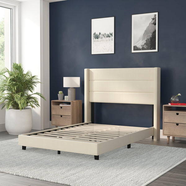 Beige,Full |#| Full Size Upholstered Platform Bed with Wingback Headboard-Beige Faux Linen