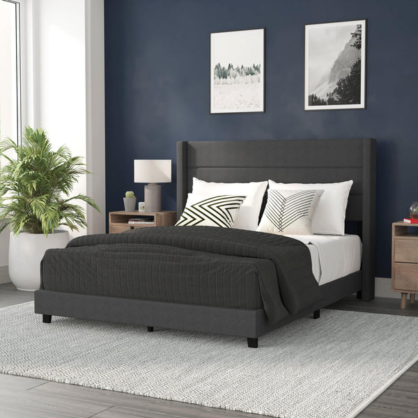 Charcoal,Queen |#| Queen Size Upholstered Platform Bed with Wingback Headboard-Charcoal Faux Linen