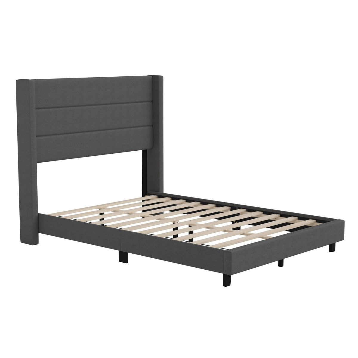 Charcoal,Full |#| Full Size Upholstered Platform Bed with Wingback Headboard-Charcoal Faux Linen