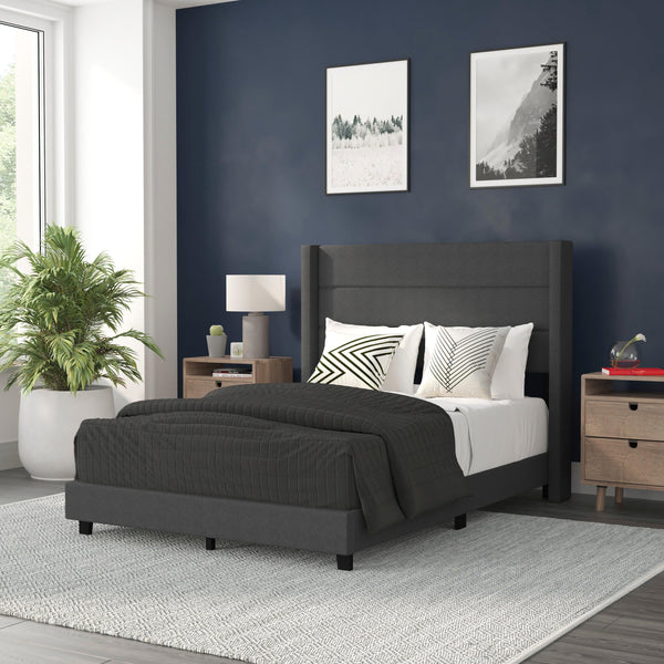 Charcoal,Full |#| Full Size Upholstered Platform Bed with Wingback Headboard-Charcoal Faux Linen