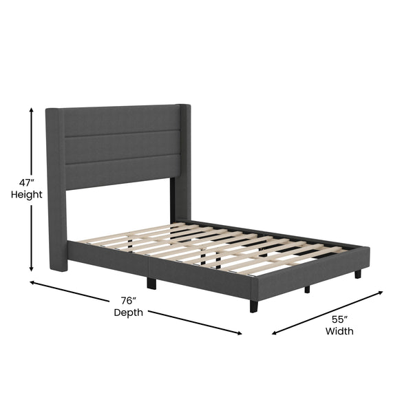 Charcoal,Full |#| Full Size Upholstered Platform Bed with Wingback Headboard-Charcoal Faux Linen