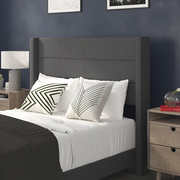 Charcoal,Full |#| Full Size Upholstered Platform Bed with Wingback Headboard-Charcoal Faux Linen