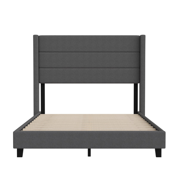 Charcoal,Full |#| Full Size Upholstered Platform Bed with Wingback Headboard-Charcoal Faux Linen