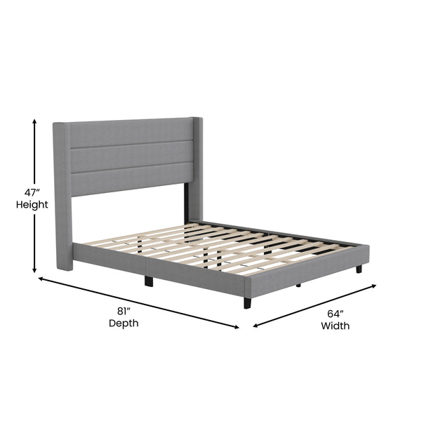 Gray,Queen |#| Queen Size Upholstered Platform Bed with Wingback Headboard-Gray Faux Linen