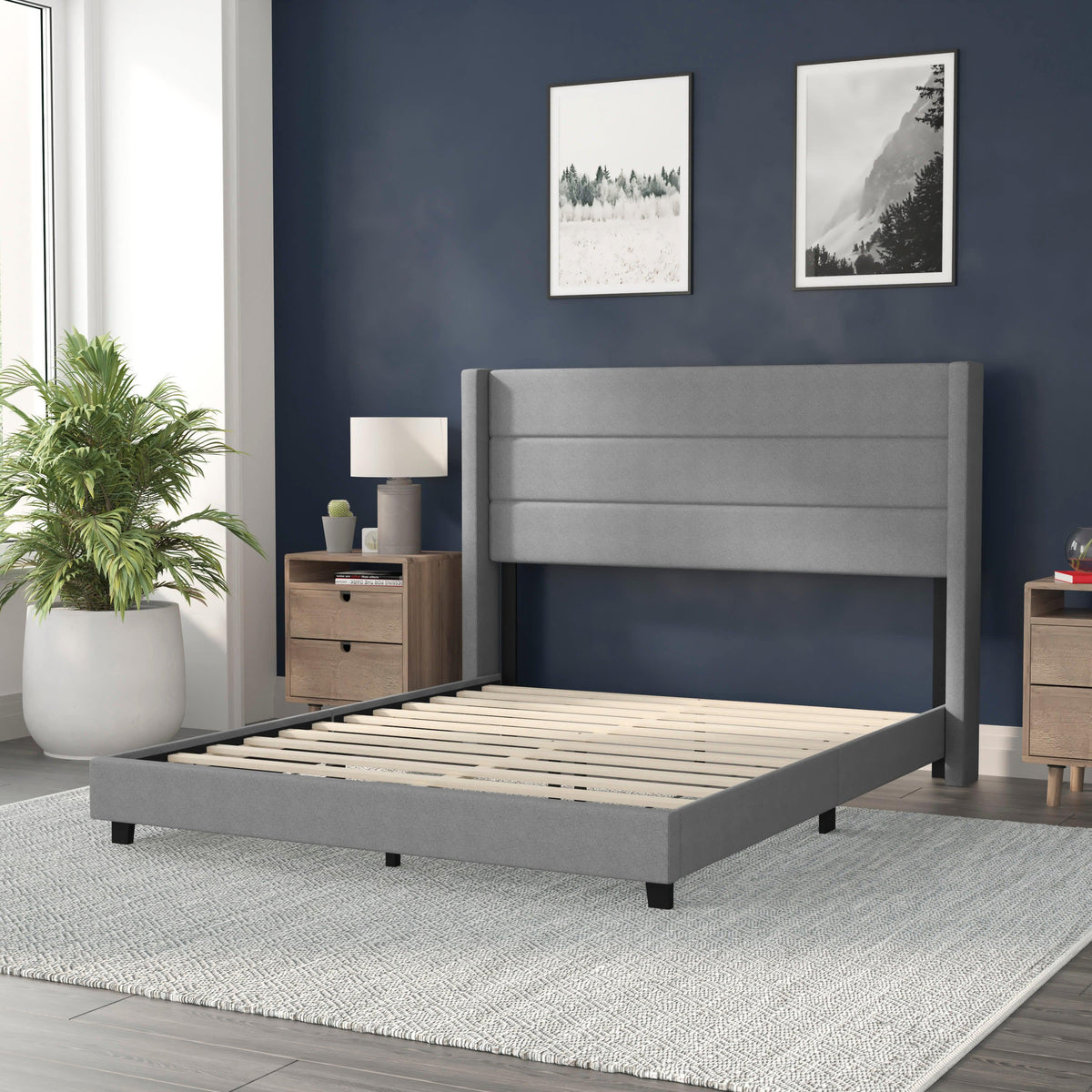 Gray,Queen |#| Queen Size Upholstered Platform Bed with Wingback Headboard-Gray Faux Linen