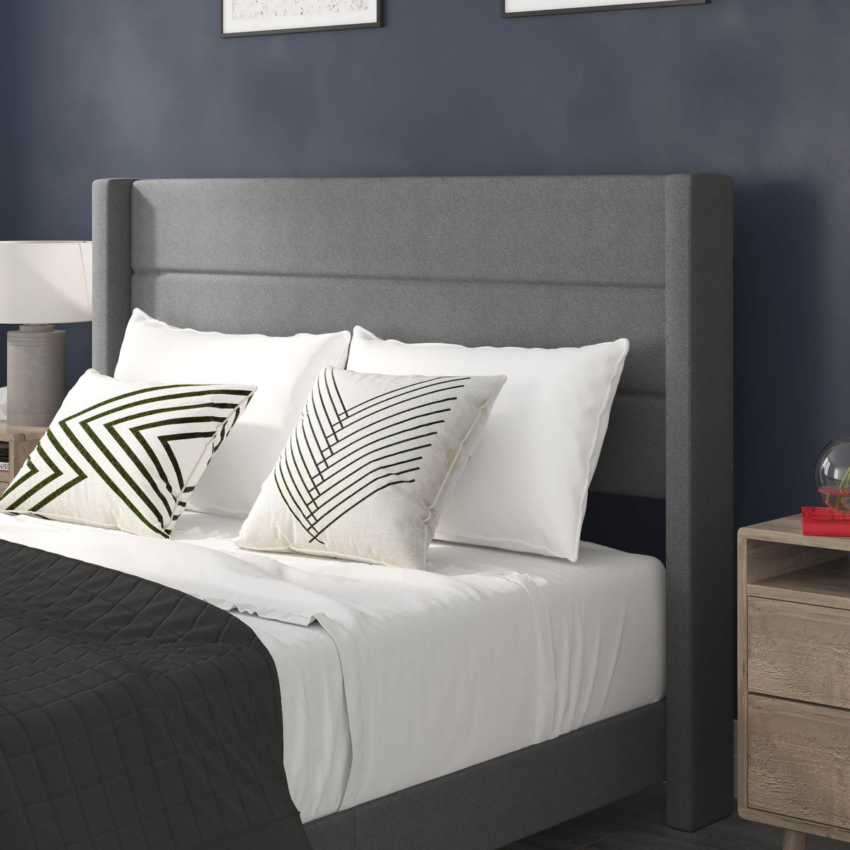 Gray,Queen |#| Queen Size Upholstered Platform Bed with Wingback Headboard-Gray Faux Linen