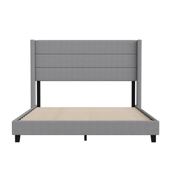 Gray,Queen |#| Queen Size Upholstered Platform Bed with Wingback Headboard-Gray Faux Linen