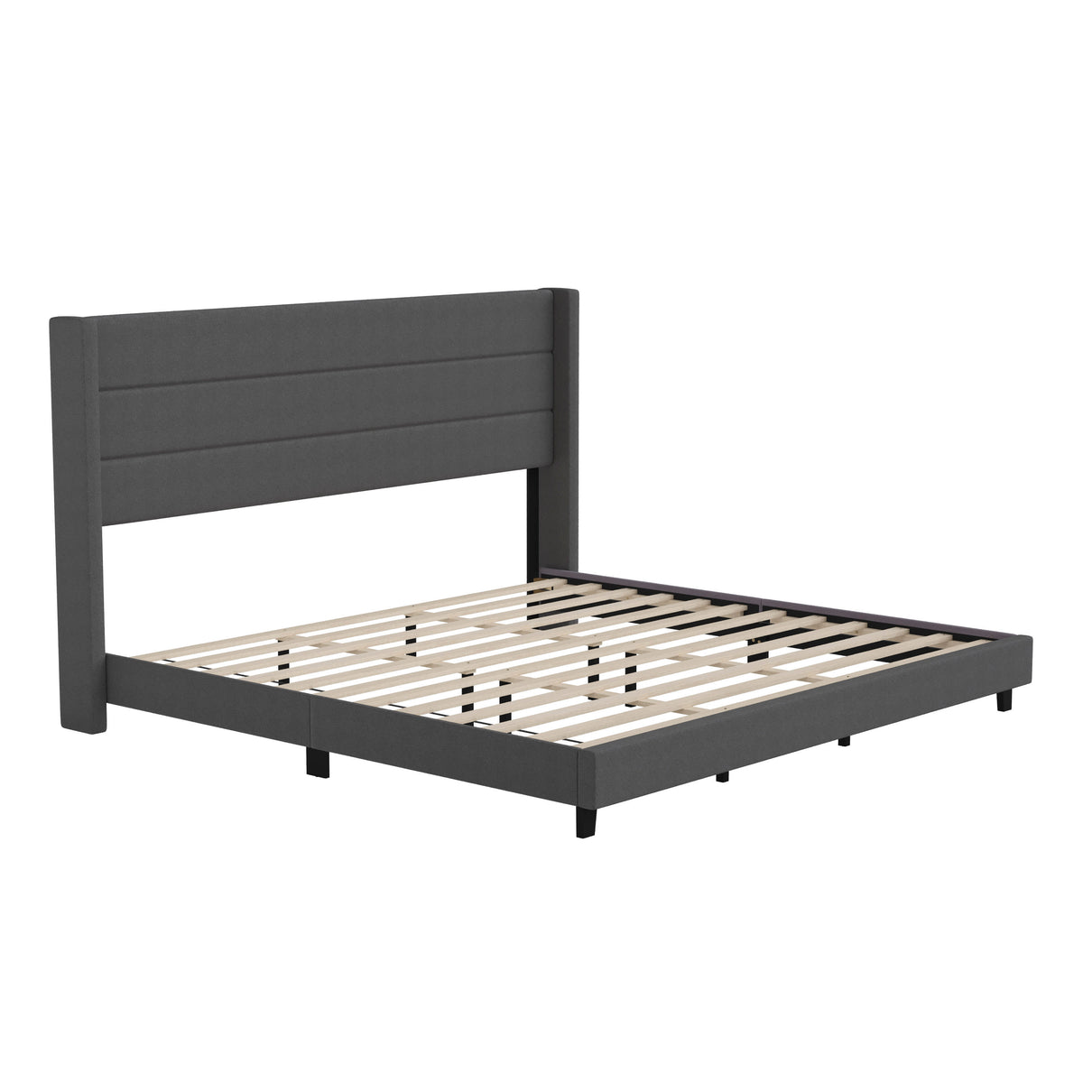 Charcoal,King |#| King Size Upholstered Platform Bed with Wingback Headboard-Charcoal Faux Linen