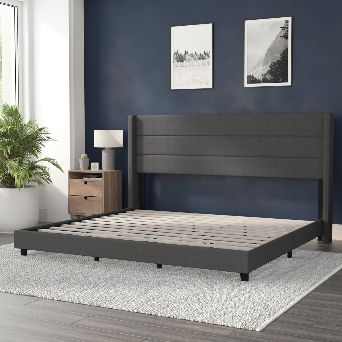 Charcoal,King |#| King Size Upholstered Platform Bed with Wingback Headboard-Charcoal Faux Linen