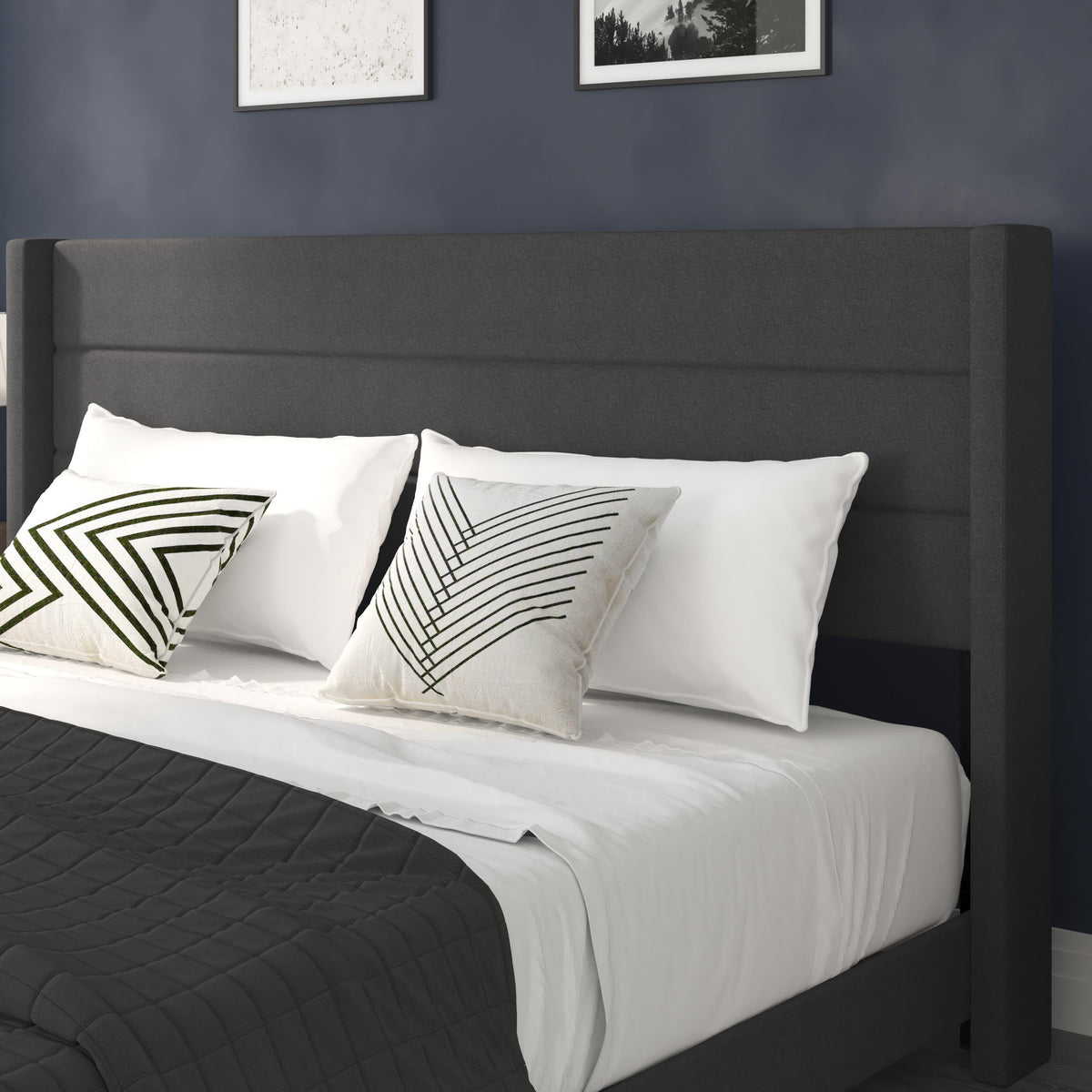 Charcoal,King |#| King Size Upholstered Platform Bed with Wingback Headboard-Charcoal Faux Linen