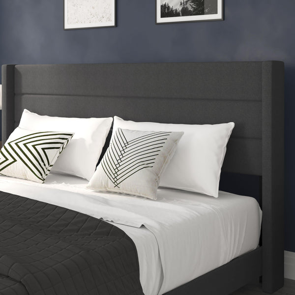 Charcoal,King |#| King Size Upholstered Platform Bed with Wingback Headboard-Charcoal Faux Linen