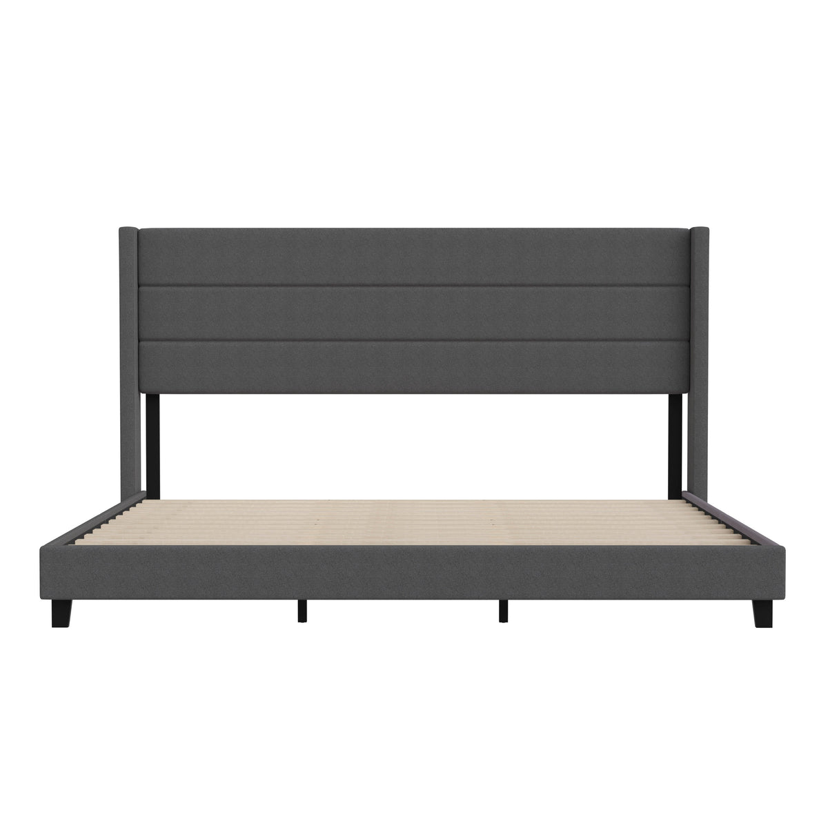 Charcoal,King |#| King Size Upholstered Platform Bed with Wingback Headboard-Charcoal Faux Linen