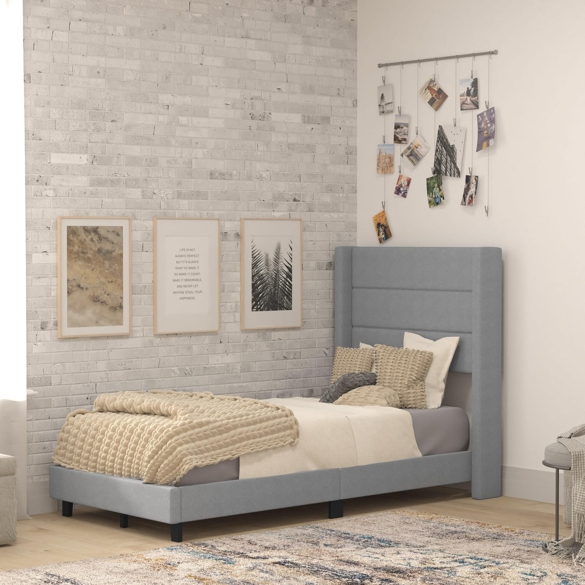 Gray,Twin |#| Twin Size Upholstered Platform Bed with Wingback Headboard-Gray Faux Linen