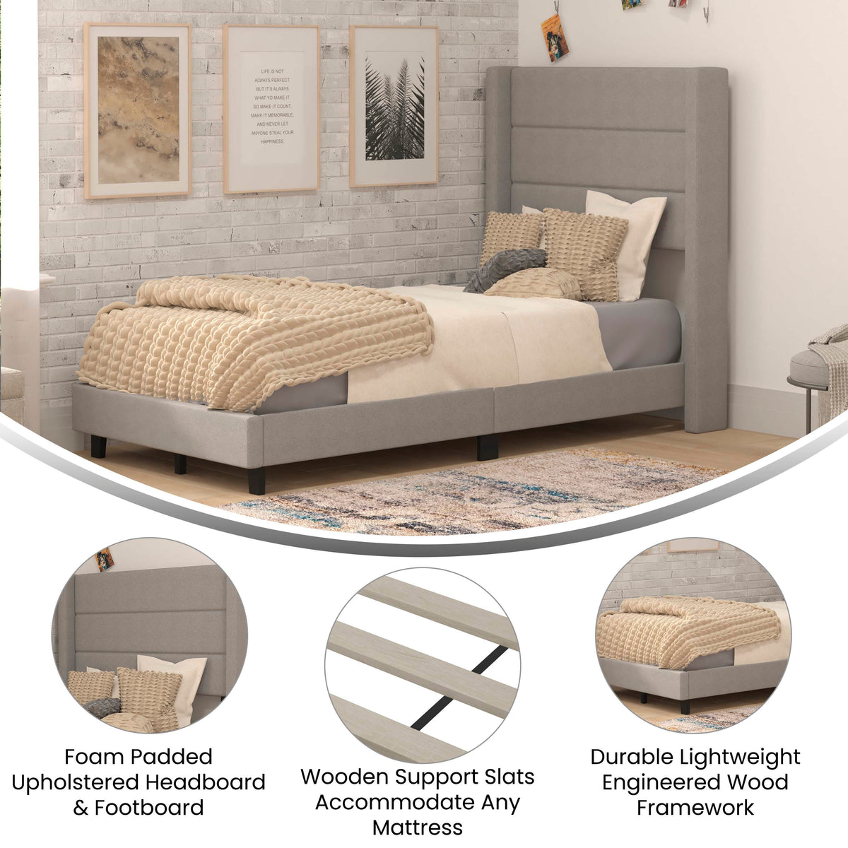 Gray,Twin |#| Twin Size Upholstered Platform Bed with Wingback Headboard-Gray Faux Linen