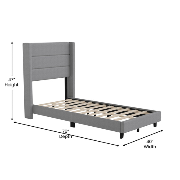 Gray,Twin |#| Twin Size Upholstered Platform Bed with Wingback Headboard-Gray Faux Linen