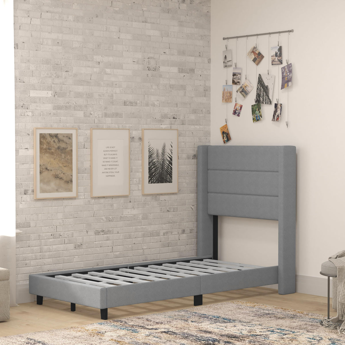 Gray,Twin |#| Twin Size Upholstered Platform Bed with Wingback Headboard-Gray Faux Linen