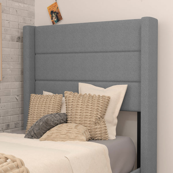 Gray,Twin |#| Twin Size Upholstered Platform Bed with Wingback Headboard-Gray Faux Linen