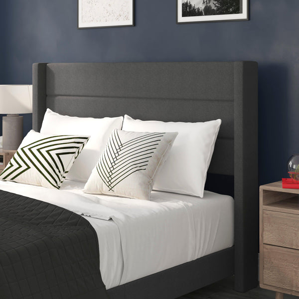 Charcoal,Queen |#| Queen Size Upholstered Platform Bed with Wingback Headboard-Charcoal Faux Linen