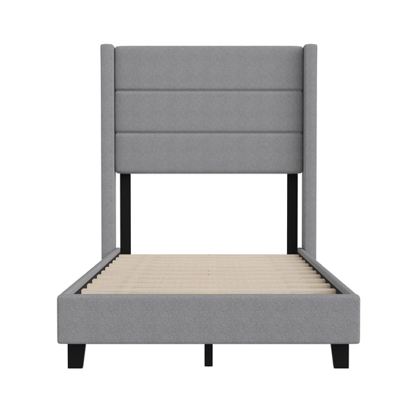 Gray,Twin |#| Twin Size Upholstered Platform Bed with Wingback Headboard-Gray Faux Linen