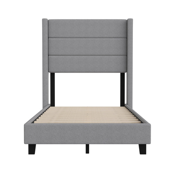 Gray,Twin |#| Twin Size Upholstered Platform Bed with Wingback Headboard-Gray Faux Linen