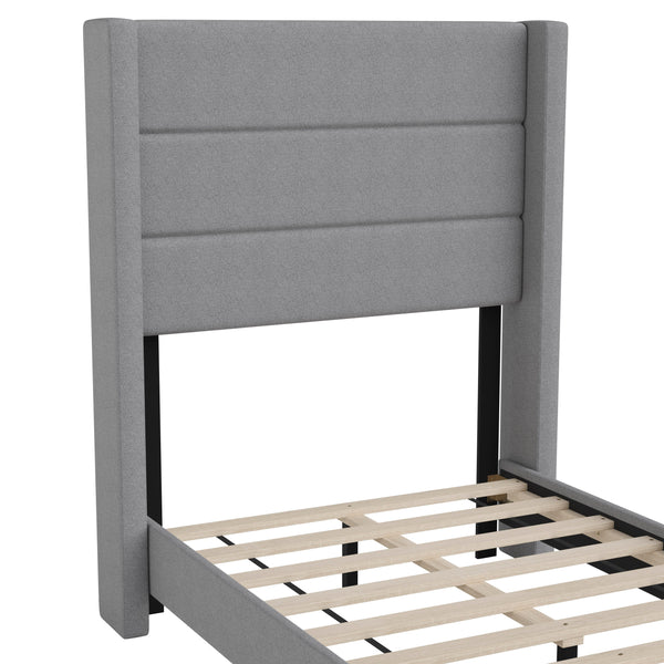 Gray,Twin |#| Twin Size Upholstered Platform Bed with Wingback Headboard-Gray Faux Linen