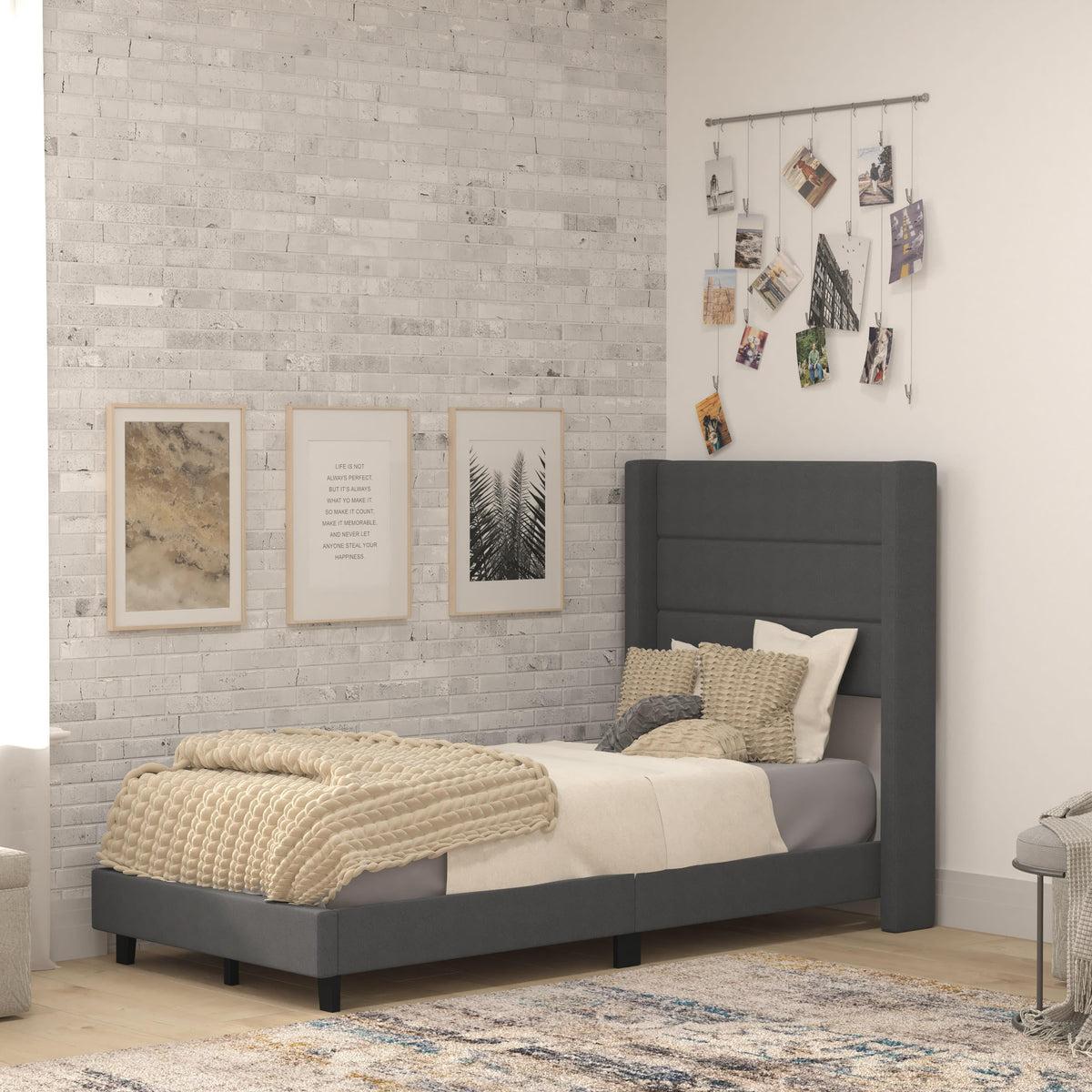 Charcoal,Twin |#| Twin Size Upholstered Platform Bed with Wingback Headboard-Charcoal Faux Linen