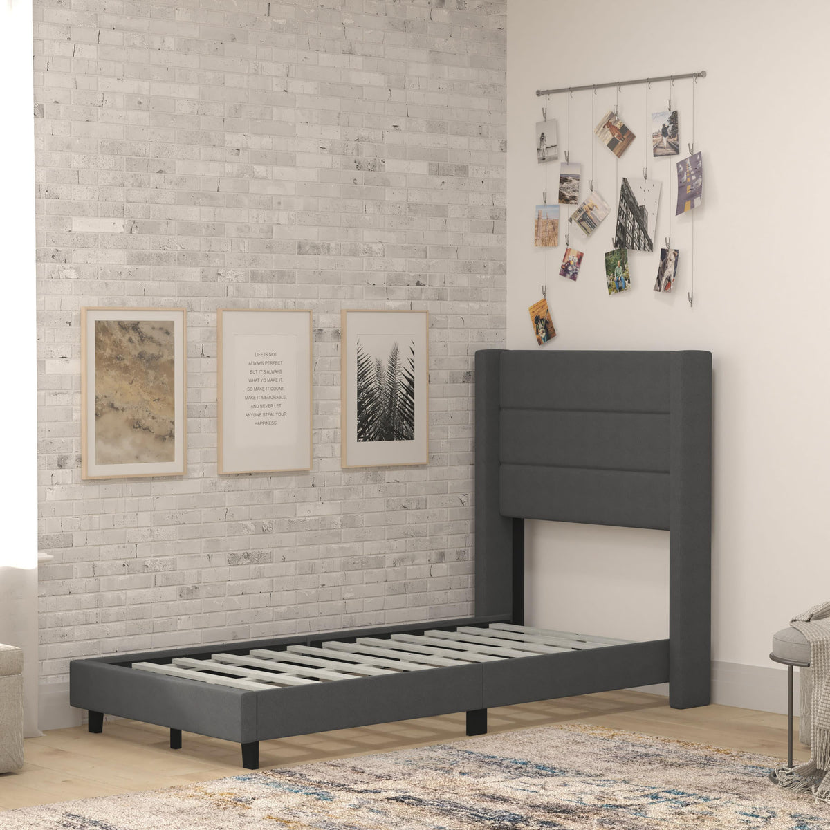 Charcoal,Twin |#| Twin Size Upholstered Platform Bed with Wingback Headboard-Charcoal Faux Linen