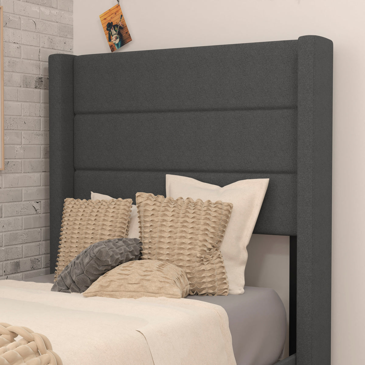 Charcoal,Twin |#| Twin Size Upholstered Platform Bed with Wingback Headboard-Charcoal Faux Linen