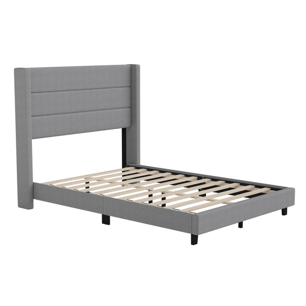 Gray,Full |#| Full Size Upholstered Platform Bed with Wingback Headboard-Gray Faux Linen