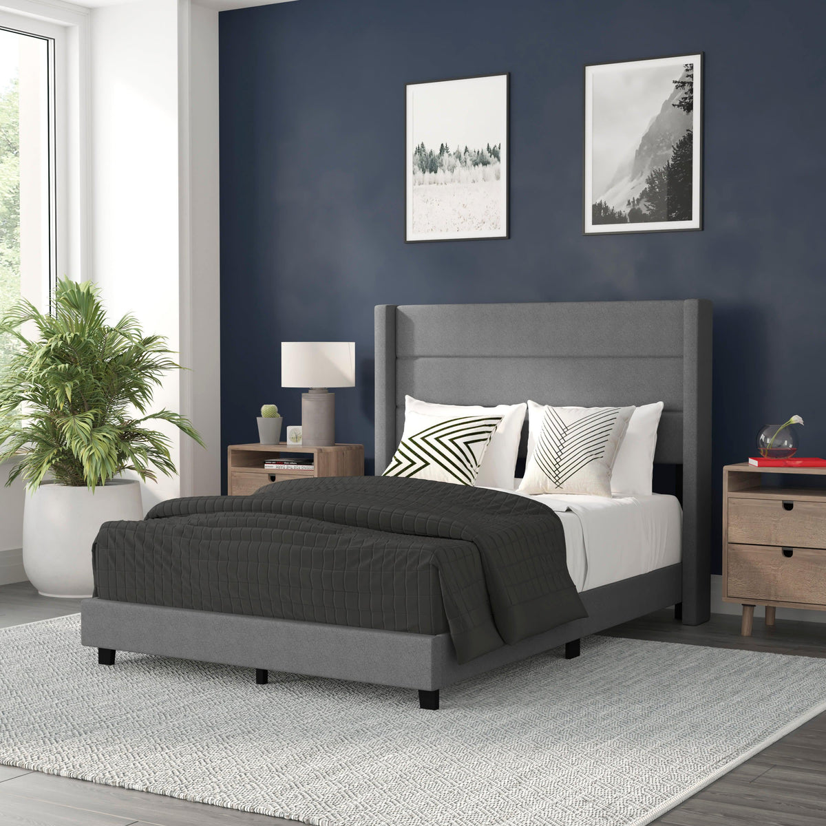 Gray,Full |#| Full Size Upholstered Platform Bed with Wingback Headboard-Gray Faux Linen