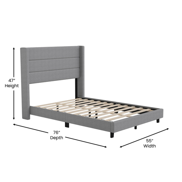 Gray,Full |#| Full Size Upholstered Platform Bed with Wingback Headboard-Gray Faux Linen