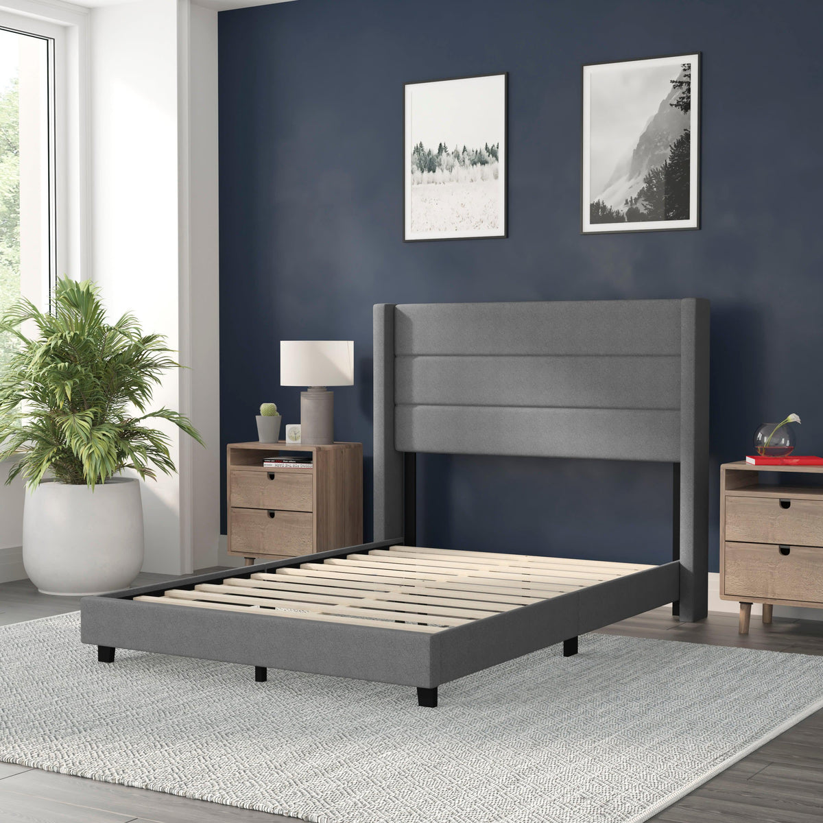 Gray,Full |#| Full Size Upholstered Platform Bed with Wingback Headboard-Gray Faux Linen