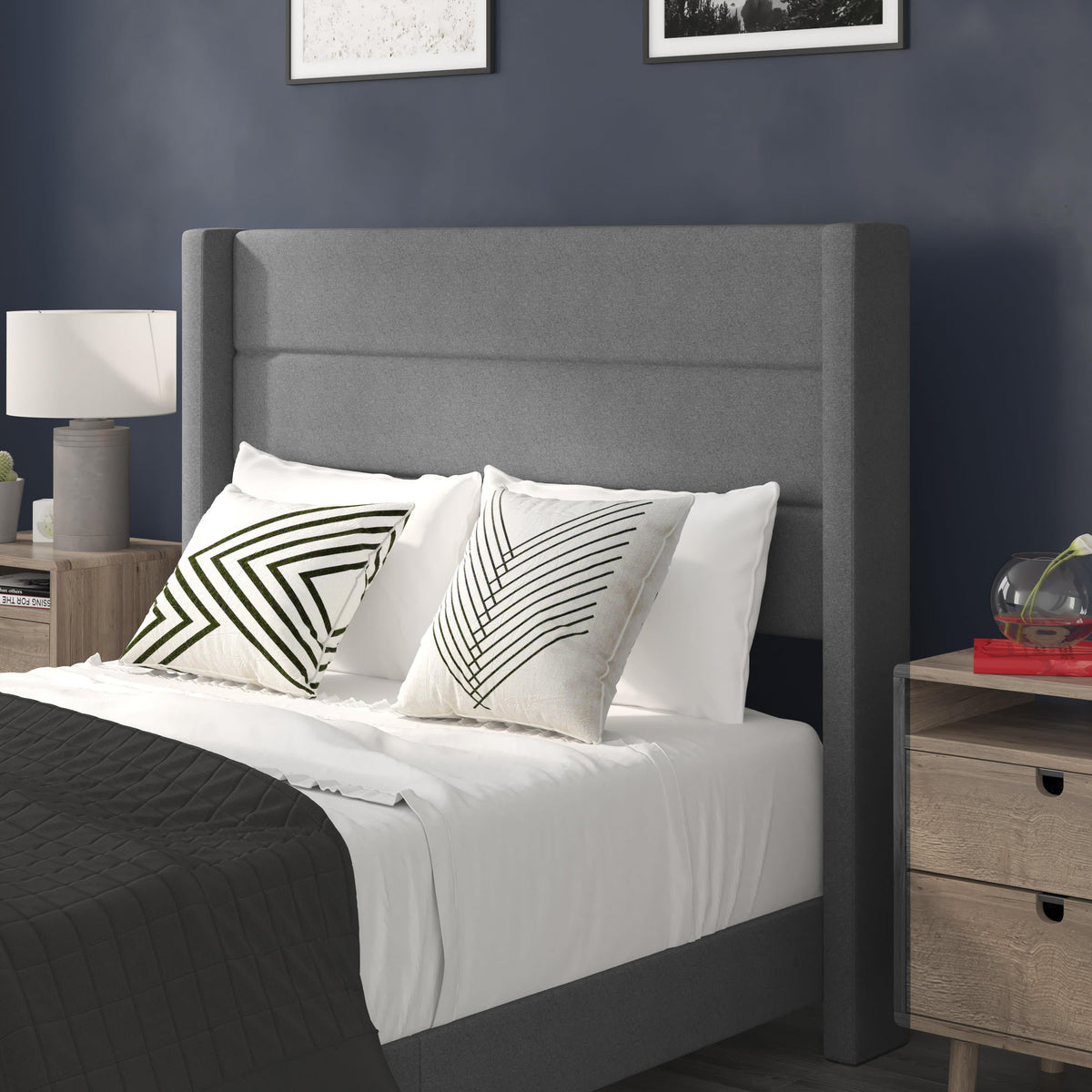 Gray,Full |#| Full Size Upholstered Platform Bed with Wingback Headboard-Gray Faux Linen