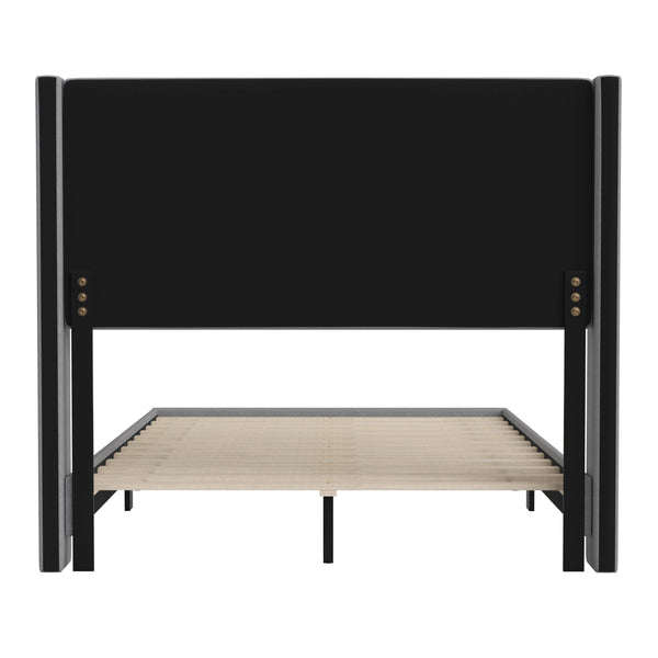Gray,Full |#| Full Size Upholstered Platform Bed with Wingback Headboard-Gray Faux Linen