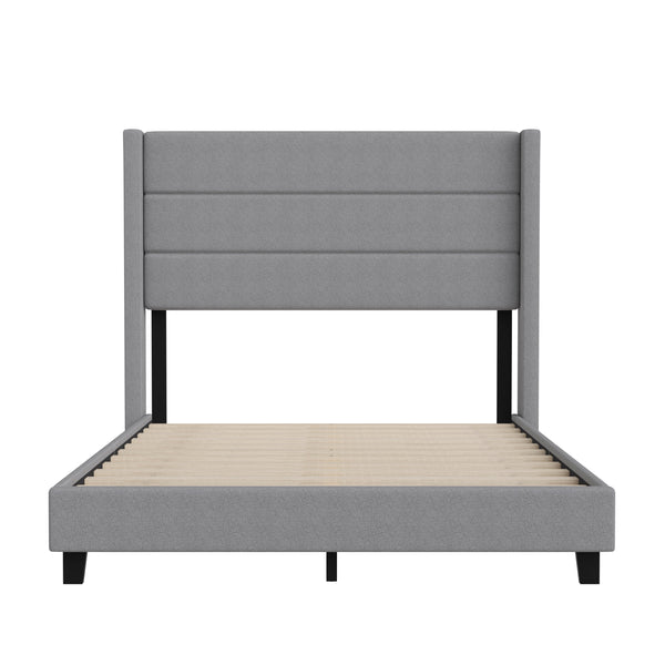 Gray,Full |#| Full Size Upholstered Platform Bed with Wingback Headboard-Gray Faux Linen