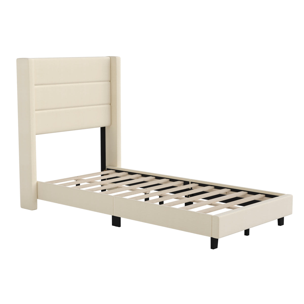 Beige,Twin |#| Twin Size Upholstered Platform Bed with Wingback Headboard-Beige Faux Linen