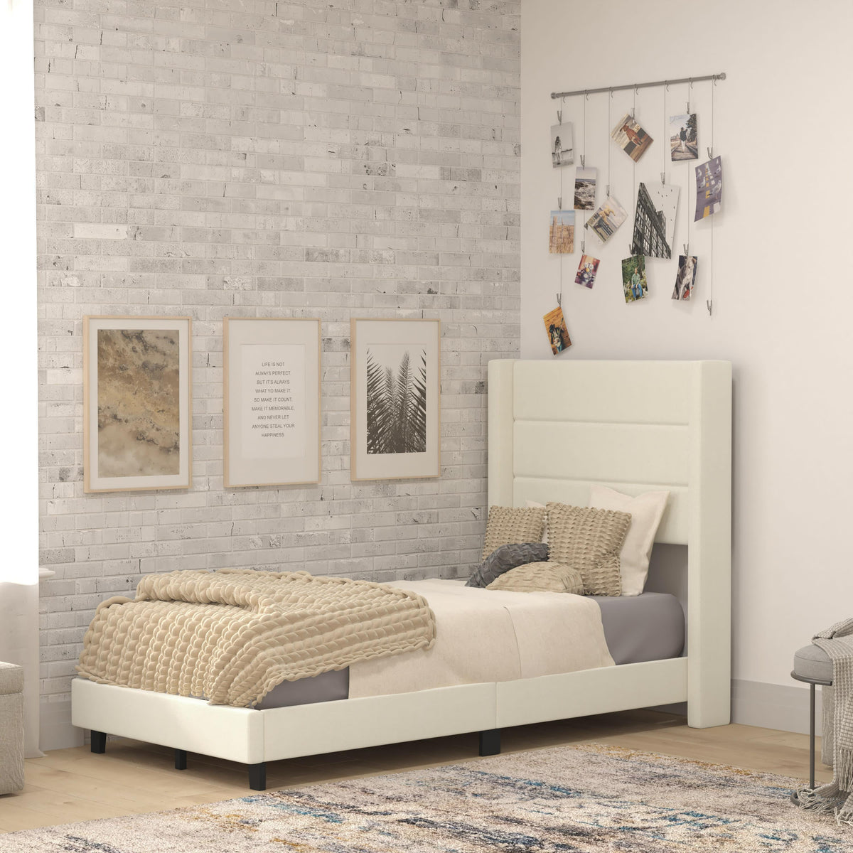 Beige,Twin |#| Twin Size Upholstered Platform Bed with Wingback Headboard-Beige Faux Linen