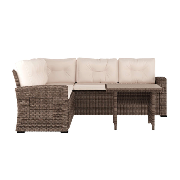 Beige Cushions/Brown Frame |#| Indoor/Outdoor Conversation Set with Sofa and Table in Beige & Brown