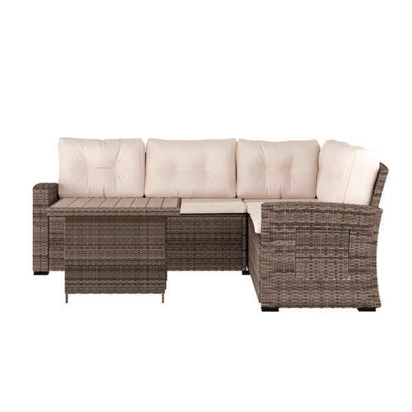 Beige Cushions/Brown Frame |#| Indoor/Outdoor Conversation Set with Sofa and Table in Beige & Brown